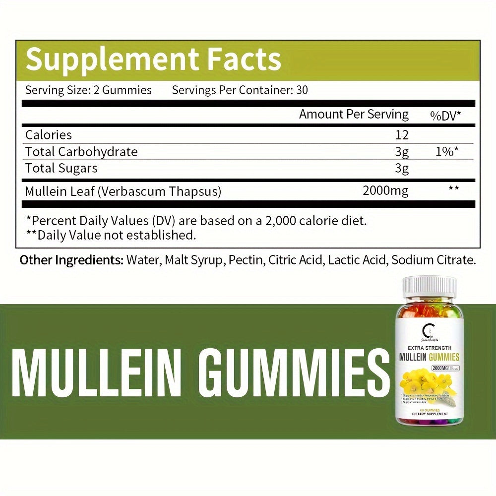 60 Capsules Mullein Leaf Gummies - Ideal Gift for Health Enthusiasts, Supports Respiratory Health and Soothes Coughs, 1 Bottle