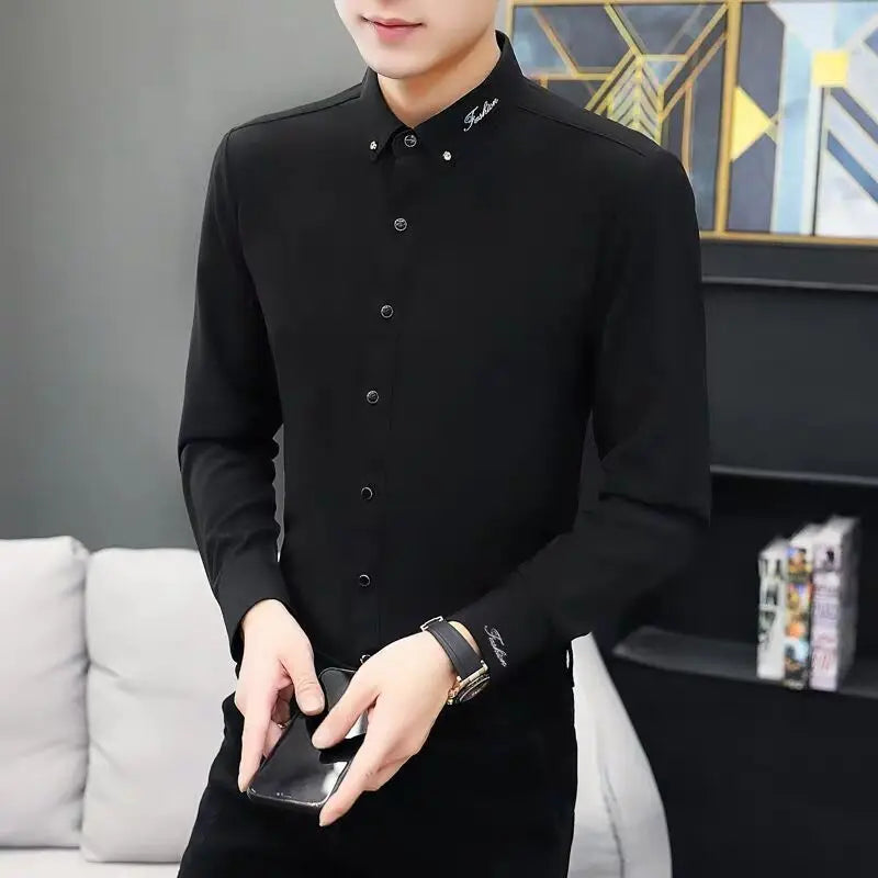 Mens Dress Shirts Spring and Autumn High Quality Long Sleeve Shirt Male Korean Slim Fit Business White Collared Shirt Oversized