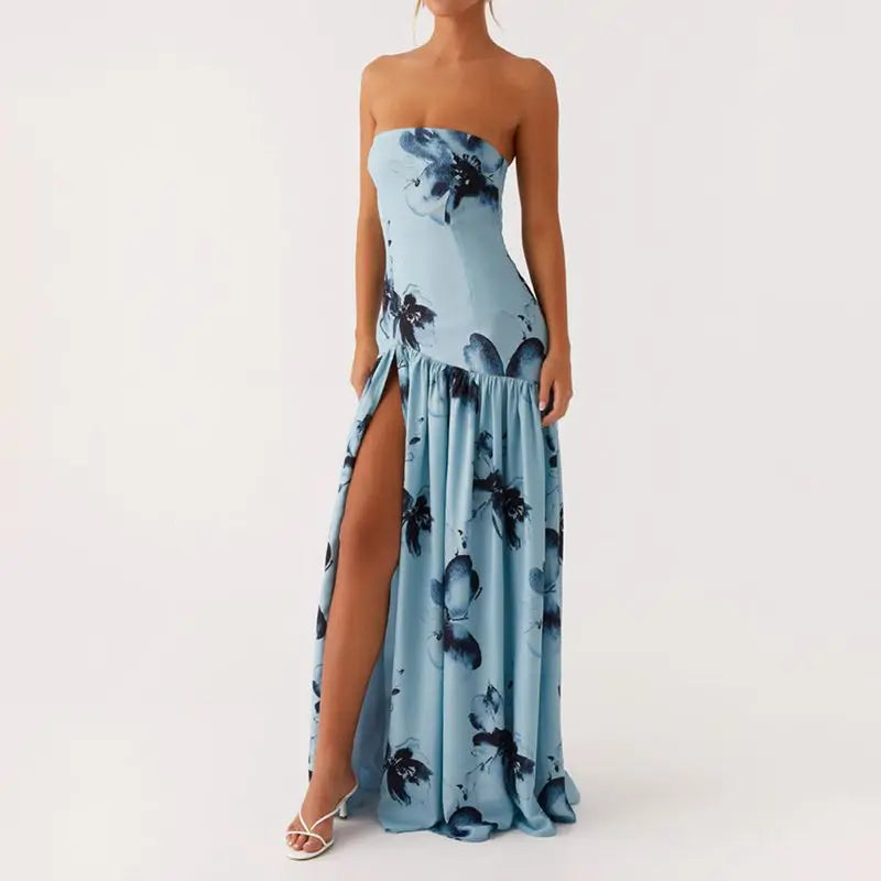 Combhasaki Women Summer Floral Tie-dye Print High Split Backless Ruffled Hem Long Strapless Tube Dress Party Beach Streetwear