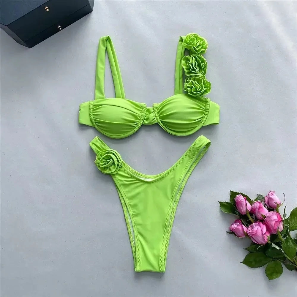Sexy 3D Flower Rose Red Push Up Bikinis Sets Woman Swimsuit 2025 High Leg Cut Swimwear Underwire Bathing Suit Micro Bikini Mujer