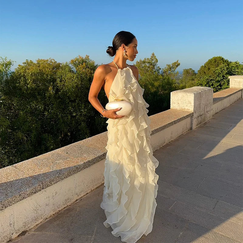 Elegant Ruffle Edge Women's Party Dresses Chic Lace Up Backless Sleeveless Halter Long Dress Female Loose Female Robe Evening
