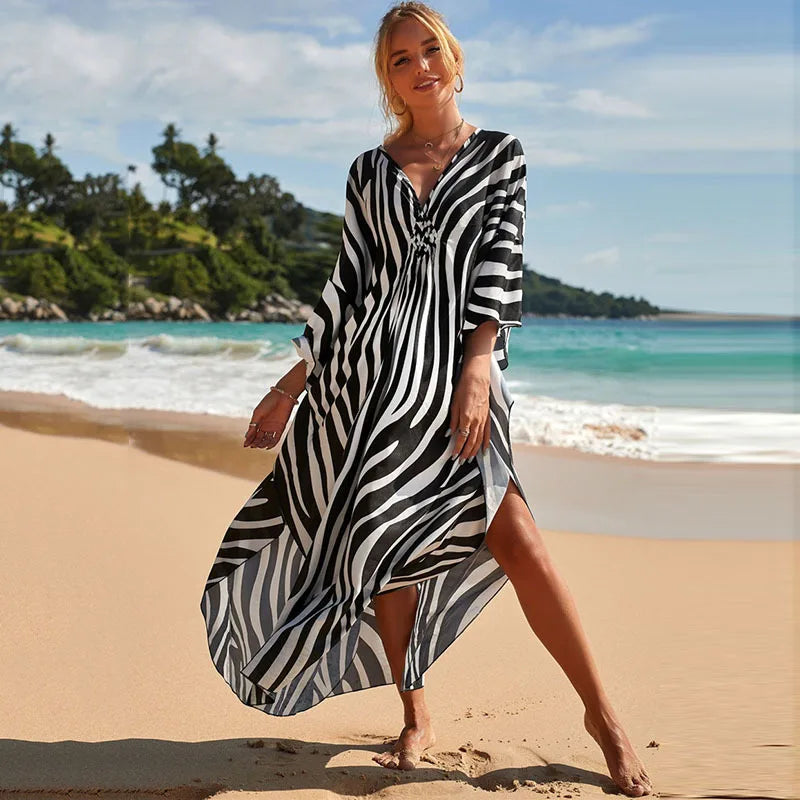 Women's Plus Size Animal Print V-Neck Batwing Kaftan Beach Dress Bathing Suit Cover-Up Loungewear