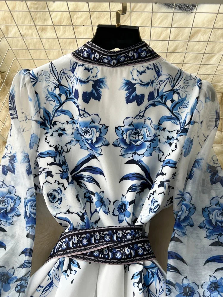 French Gorgeous Flower Holiday Long Dress Women's V-Neck Long Lantern Sleeve Lace Up Vintage Maxi Robes Party Vestidos Clothes