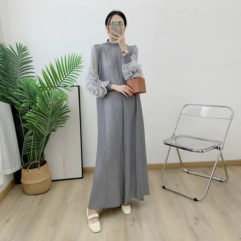 ANLAN Miyake Pleated Maxi Long Dress Mesh Petal Sleeve Half Turtleneck Formal Dresses for Women 2024 New Hot Sales 6KK9927