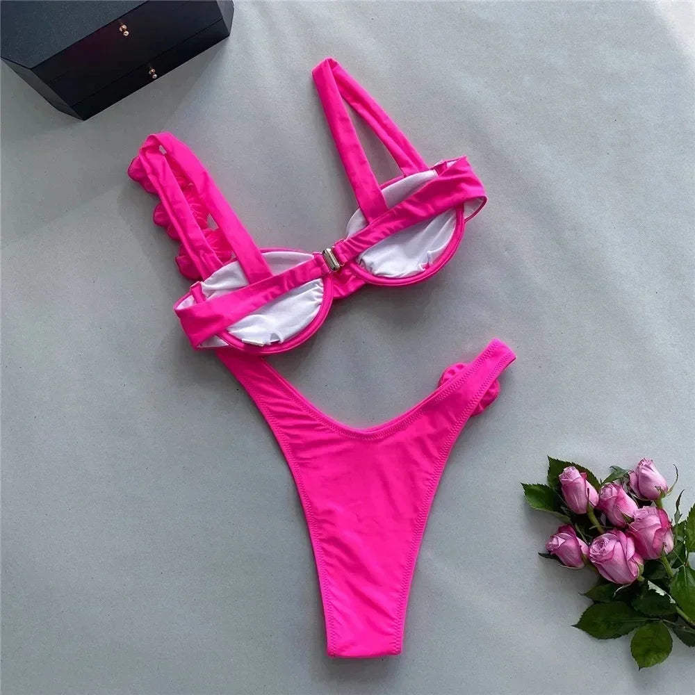 Sexy 3D Flower Rose Red Push Up Bikinis Sets Woman Swimsuit 2025 High Leg Cut Swimwear Underwire Bathing Suit Micro Bikini Mujer