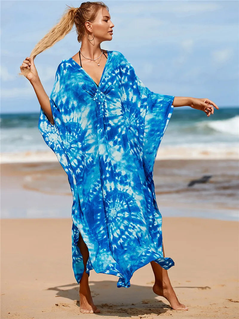 Women's Plus Size Animal Print V-Neck Batwing Kaftan Beach Dress Bathing Suit Cover-Up Loungewear