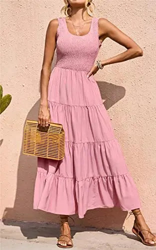 Dresses For Women 2024 Summer Sexy Elegant Sleeveless Floral Solid Color Long Dress Fashion Elastic Waist Beach Party Big Swing