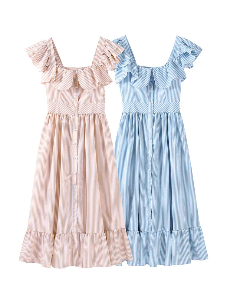 Elegant Blue Striped Ruffled Button Long Dress Women Slim Square Neck Sleeveless Party Female Dresses 2025 Summer Lady Robe