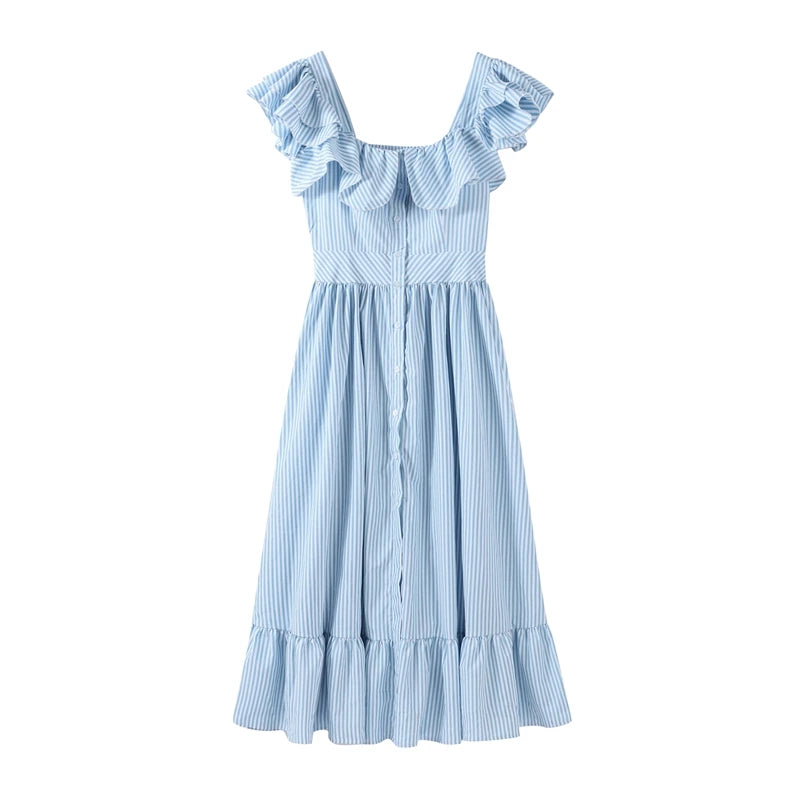 Elegant Blue Striped Ruffled Button Long Dress Women Slim Square Neck Sleeveless Party Female Dresses 2025 Summer Lady Robe
