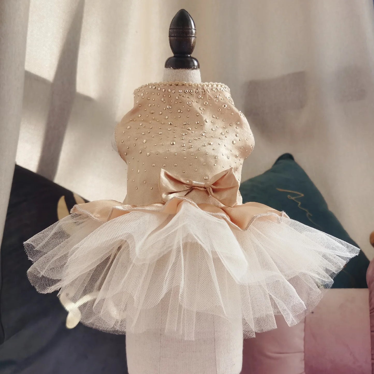 Polka Dot Tutu Dog Dress with Lace Trim, Formal Pet Wedding Attire, Sparkling Sequin Photo Prop, Black and White Cotton-Poly Ble