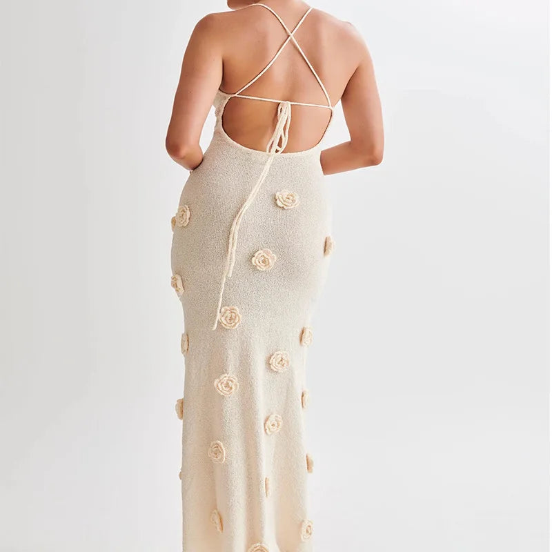 3D Flower Knitted Sling Long Dress Women Sexy Deep V-neck Backless Sleeveless Lace Up Femme Robes 2024 Summer Beach Dresses