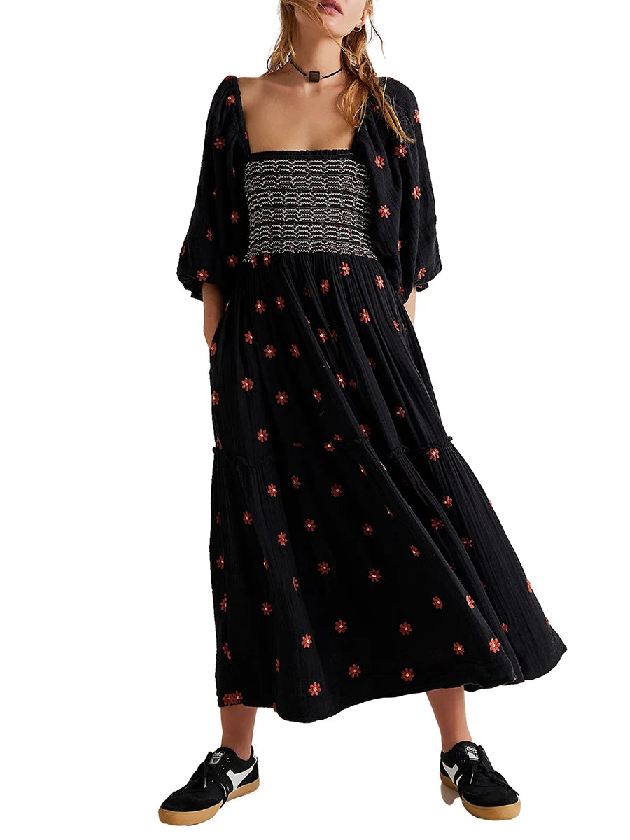 Women's Flower Embroidered Long Dress Bodycon Lantern Sleeve Square Neck Tiered Flowy Dress Bohemian Summer Beachwear Dresses