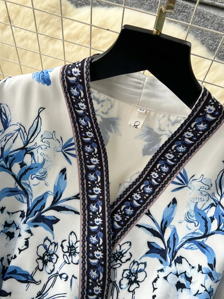 French Gorgeous Flower Holiday Long Dress Women's V-Neck Long Lantern Sleeve Lace Up Vintage Maxi Robes Party Vestidos Clothes
