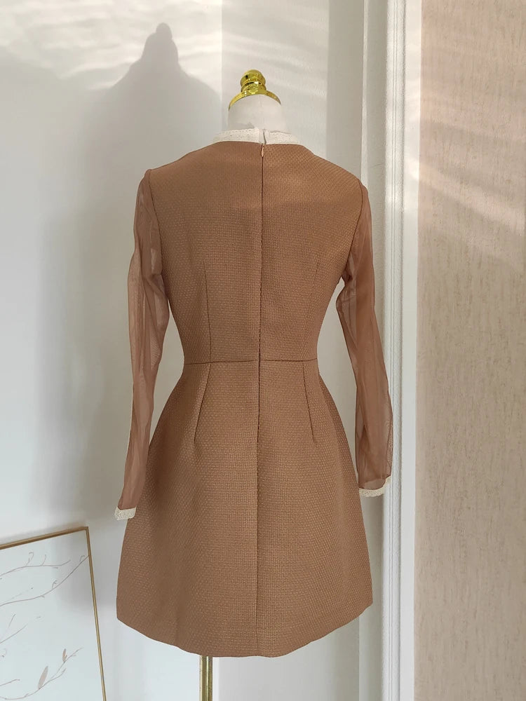 DEAT Women's O-neck Long Sleeve Single Breasted Dress Fashion Embroidery New Waist Patchwork Casual Dresses Autumn 2025 13DB3647