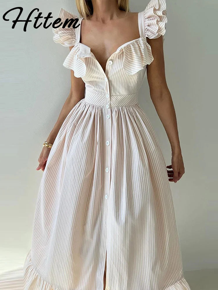 Elegant Blue Striped Ruffled Button Long Dress Women Slim Square Neck Sleeveless Party Female Dresses 2025 Summer Lady Robe