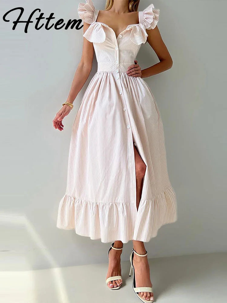 Elegant Blue Striped Ruffled Button Long Dress Women Slim Square Neck Sleeveless Party Female Dresses 2025 Summer Lady Robe