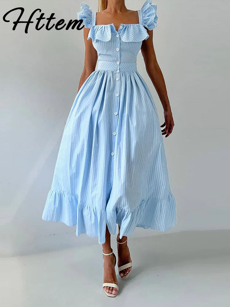 Elegant Blue Striped Ruffled Button Long Dress Women Slim Square Neck Sleeveless Party Female Dresses 2025 Summer Lady Robe