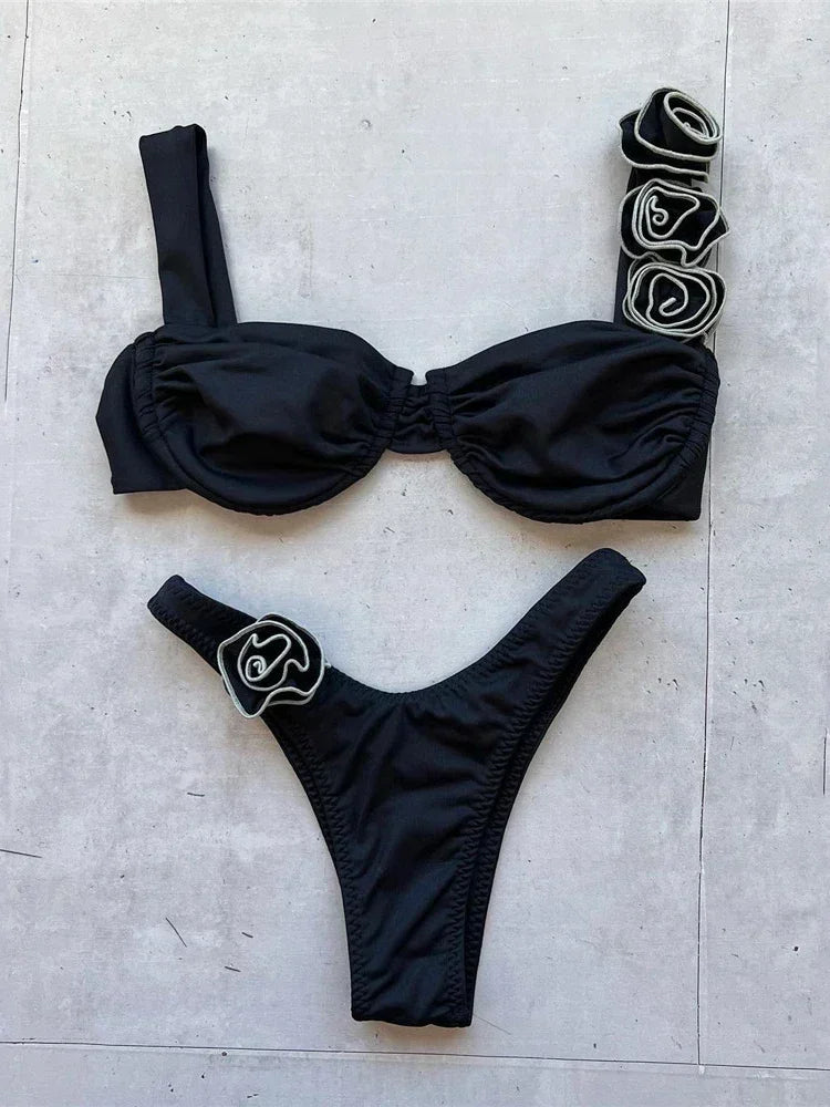 Sexy 3D Flower Rose Red Push Up Bikinis Sets Woman Swimsuit 2025 High Leg Cut Swimwear Underwire Bathing Suit Micro Bikini Mujer