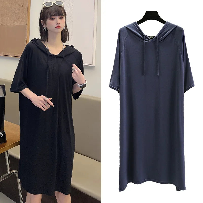 Spring Summer Hooded dress half sleeves Modal Casual Loose Long dress Solid colors female clothing streetwear