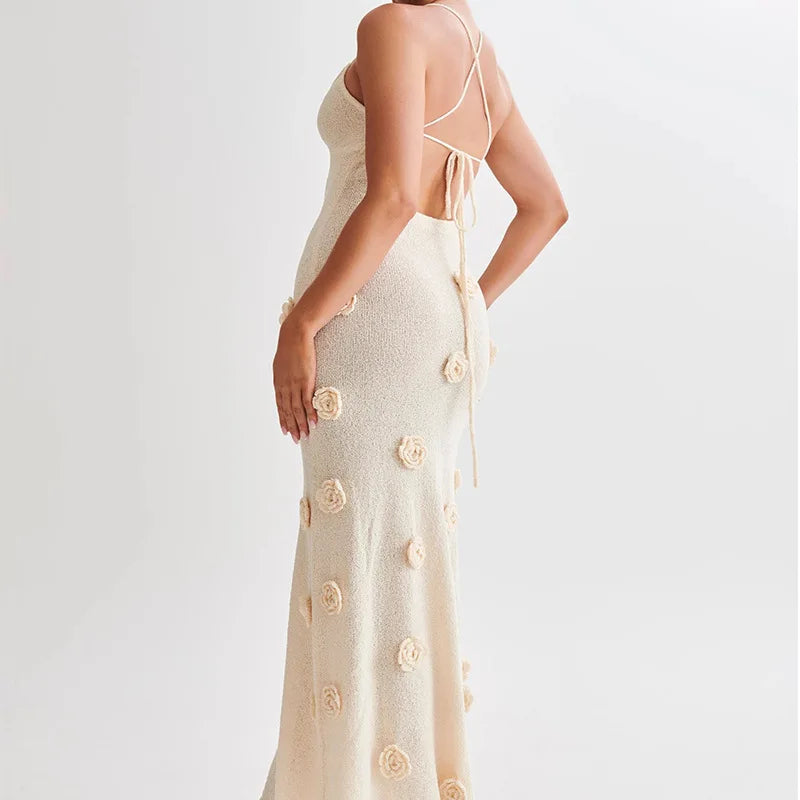3D Flower Knitted Sling Long Dress Women Sexy Deep V-neck Backless Sleeveless Lace Up Femme Robes 2024 Summer Beach Dresses