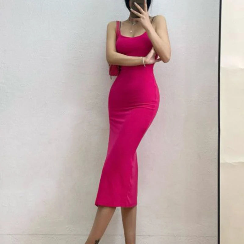 Rimocy Sexy High Split Long Dress for Women Summer Sleevless Backless Bodycon Dress Woman Vacation Beach Spaghetti Strap Dresses