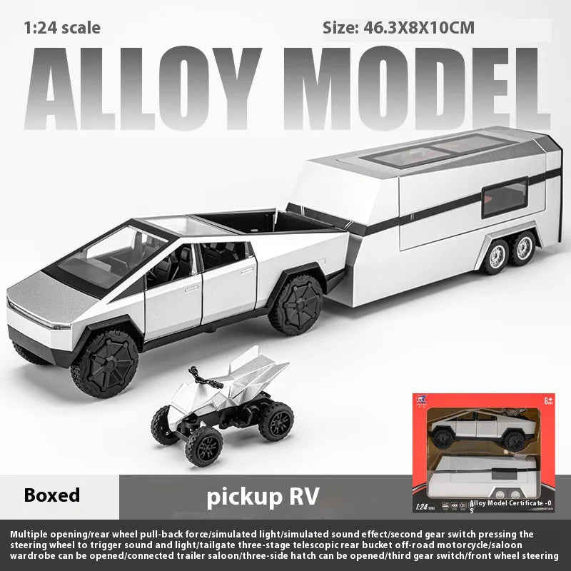Cybertruck Pickup Trailer RV Metal Alloy Toys Car Model Diecast Off-road Vehicle Gift For Boys Kids Collection truck ornaments