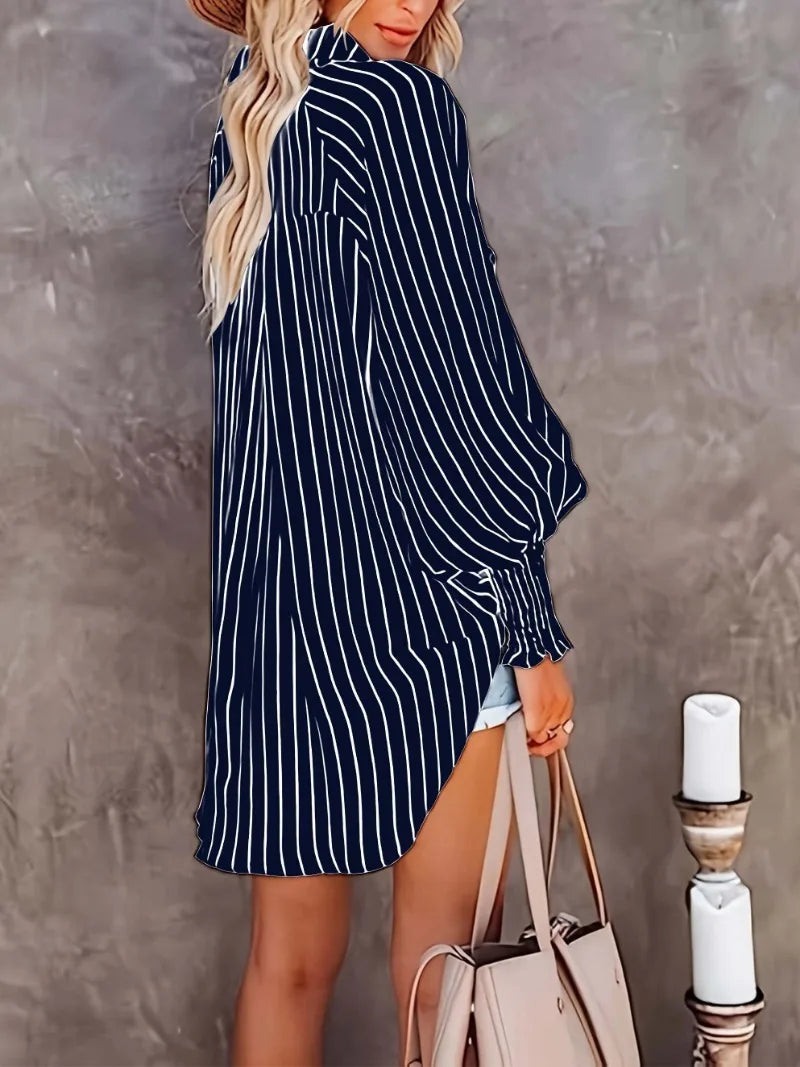 Plus Size 1XL-5XL Women's Button Long Sleeved Shirt V-neck Striped Top Casual Fashion Breathable Shirt