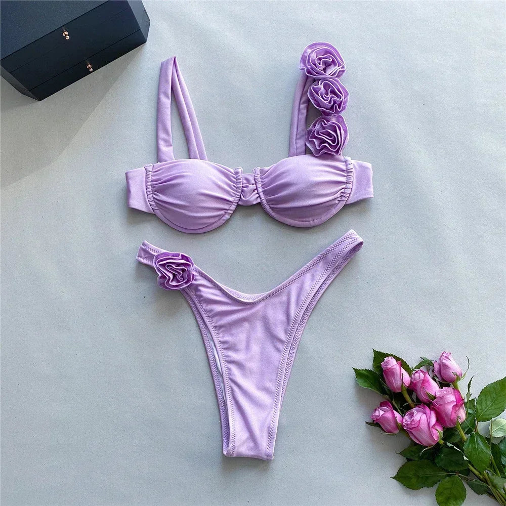 Sexy 3D Flower Rose Red Push Up Bikinis Sets Woman Swimsuit 2025 High Leg Cut Swimwear Underwire Bathing Suit Micro Bikini Mujer