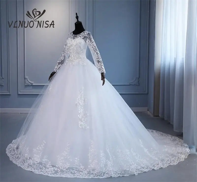 VLNUO NISA Train Wedding Dress 2024 New Style Bride Plus Size Flower Muslin Wedding Dresses Dreamy Full-sleeve Bridal Lace Up