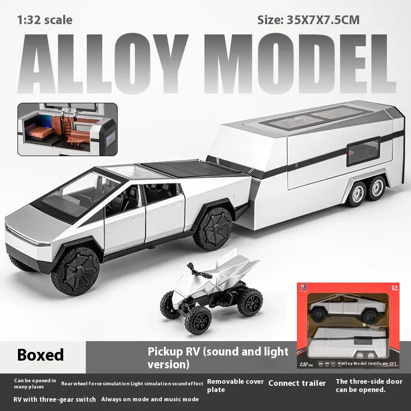 1/32 Cybertruck Pickup Trailer RV Metal Alloy Toys Car Model Diecast Off-road Vehicle Gift For Boys Kids Collection