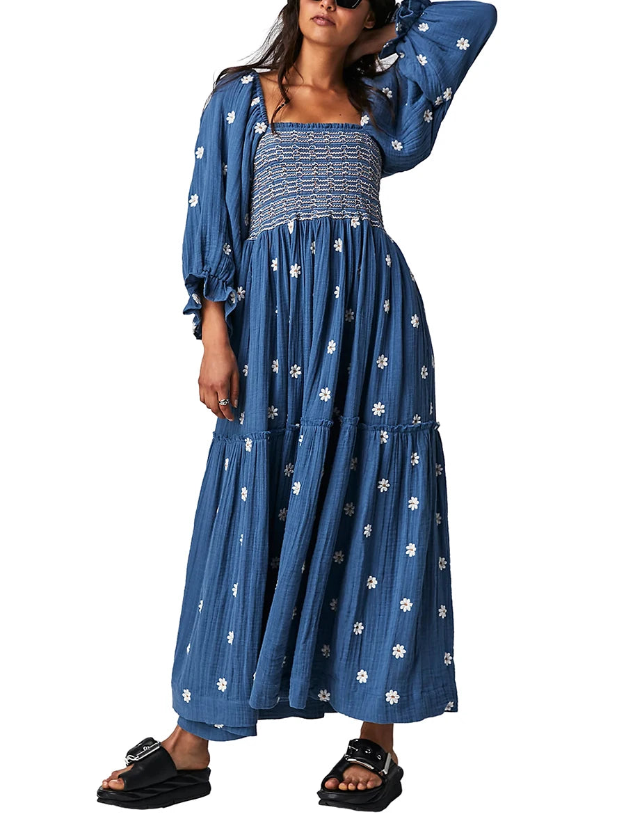 Women's Flower Embroidered Long Dress Bodycon Lantern Sleeve Square Neck Tiered Flowy Dress Bohemian Summer Beachwear Dresses