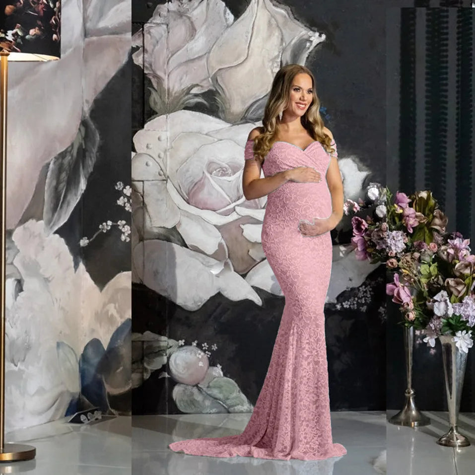 Maternity Dress Photoshoot Lace Long Dress Solid Color Maternity Maxi Gown Dress Wedding Party Floor Dress For Photography
