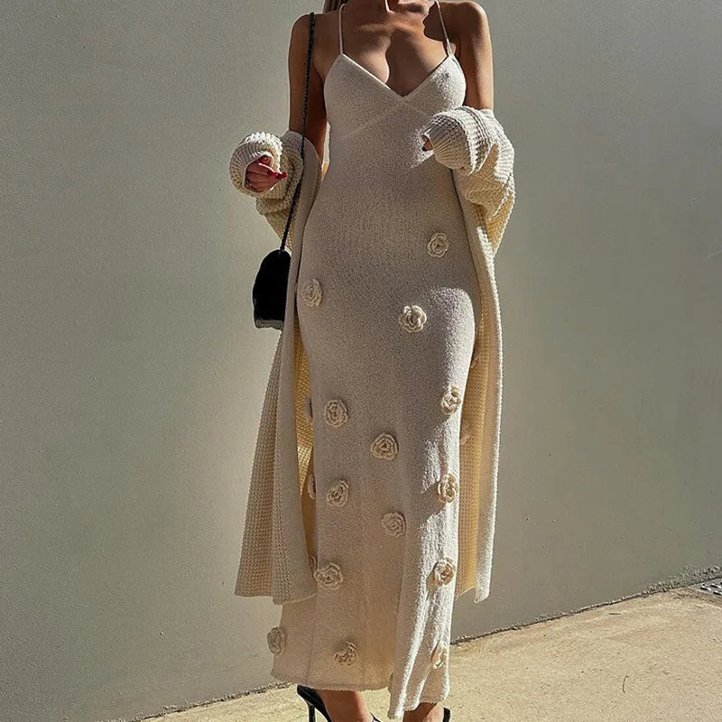 3D Flower Knitted Sling Long Dress Women Sexy Deep V-neck Backless Sleeveless Lace Up Femme Robes 2024 Summer Beach Dresses