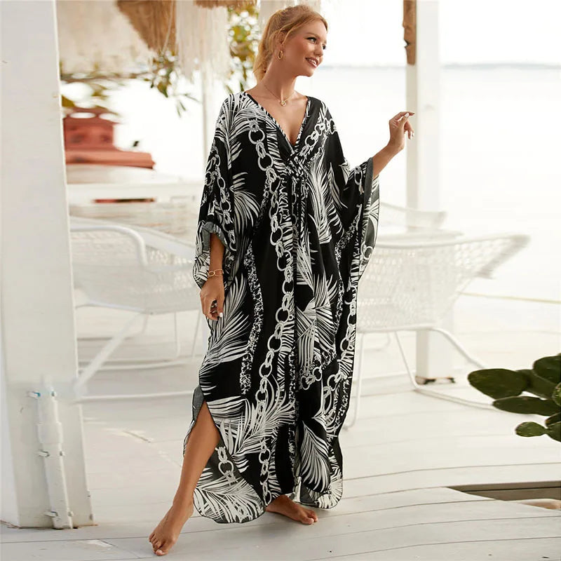 Women's Plus Size Animal Print V-Neck Batwing Kaftan Beach Dress Bathing Suit Cover-Up Loungewear