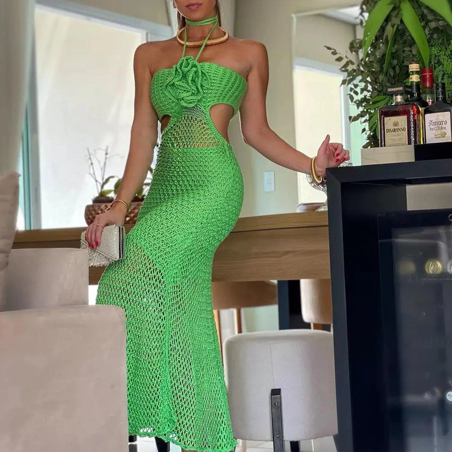 Women's Knitted Halter Dress Slim Fit Hollowed Cutout Sleeveless See Through 3D Flower Solid Color Long Dress for Party Club