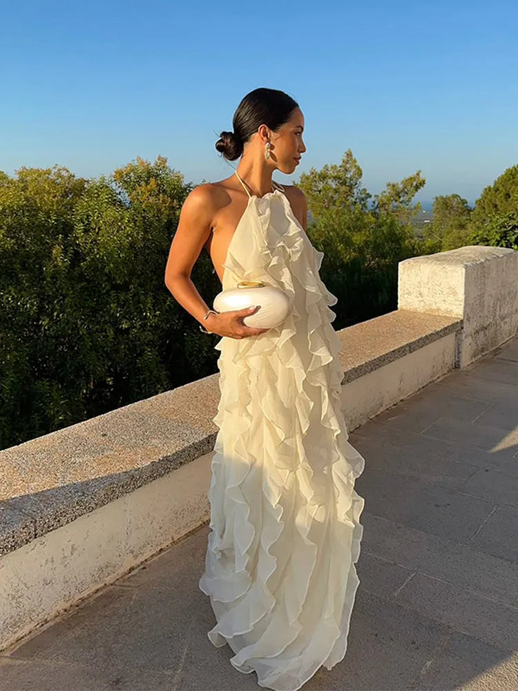 Elegant Ruffle Edge Women's Party Dresses Chic Lace Up Backless Sleeveless Halter Long Dress Female Loose Female Robe Evening