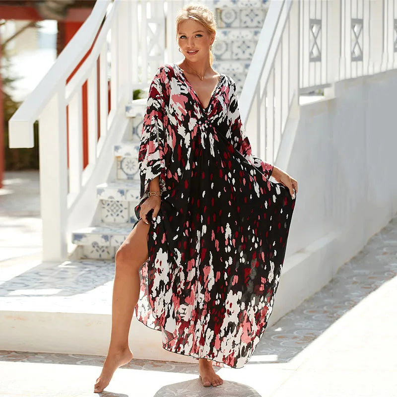 Women's Plus Size Animal Print V-Neck Batwing Kaftan Beach Dress Bathing Suit Cover-Up Loungewear
