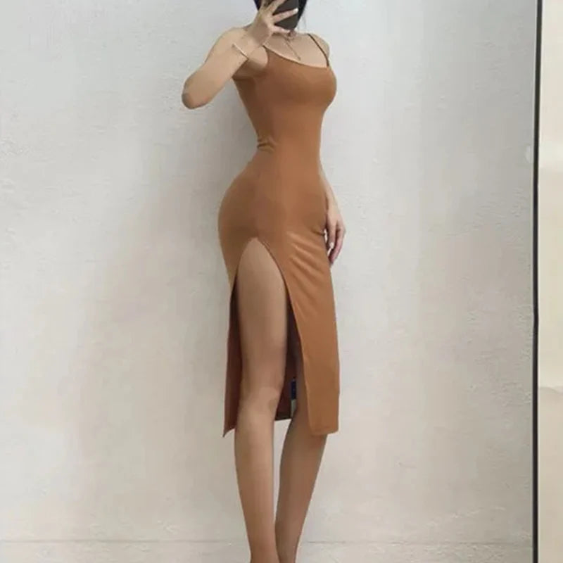 Rimocy Sexy High Split Long Dress for Women Summer Sleevless Backless Bodycon Dress Woman Vacation Beach Spaghetti Strap Dresses