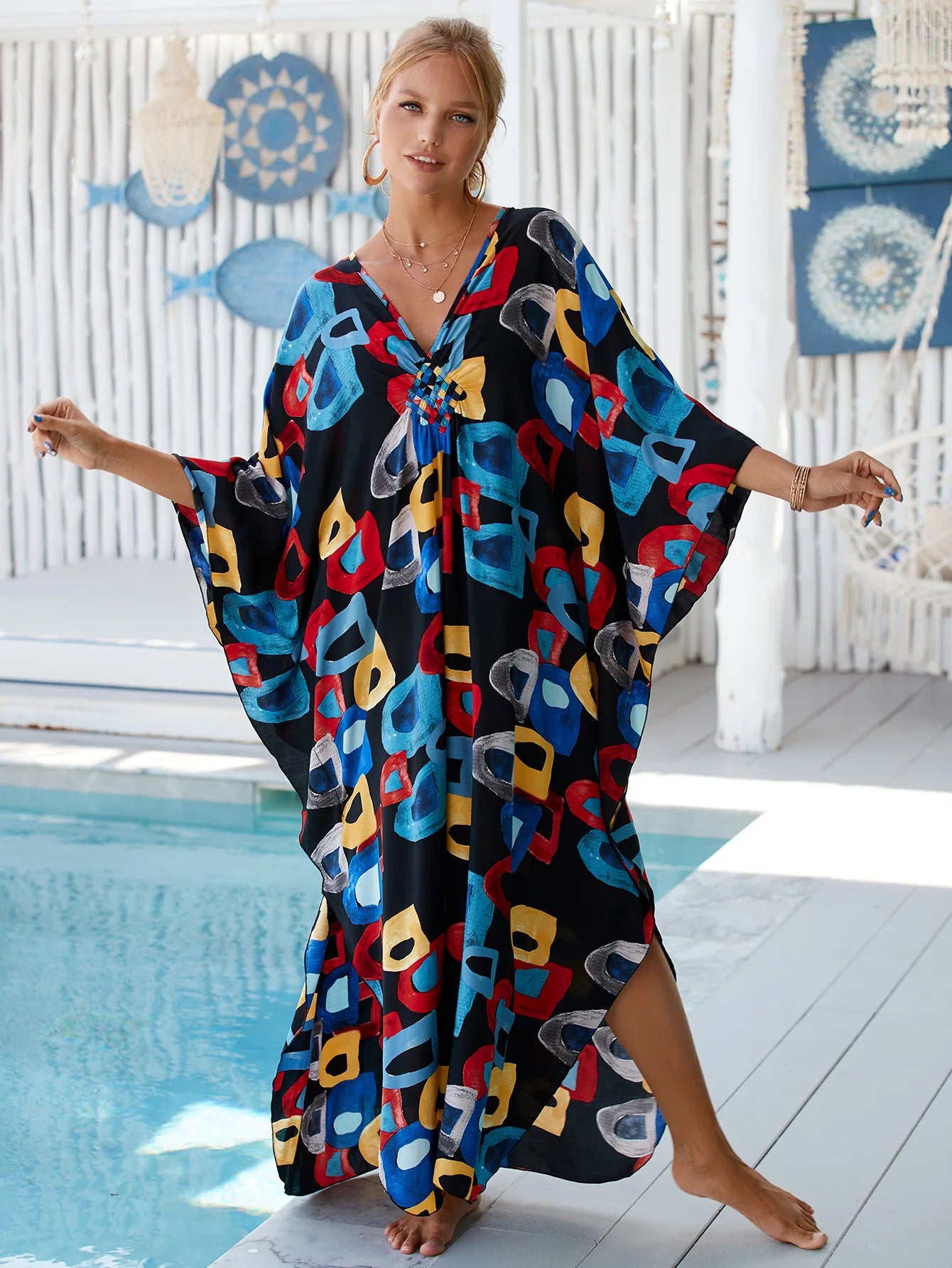 Women's Plus Size Animal Print V-Neck Batwing Kaftan Beach Dress Bathing Suit Cover-Up Loungewear