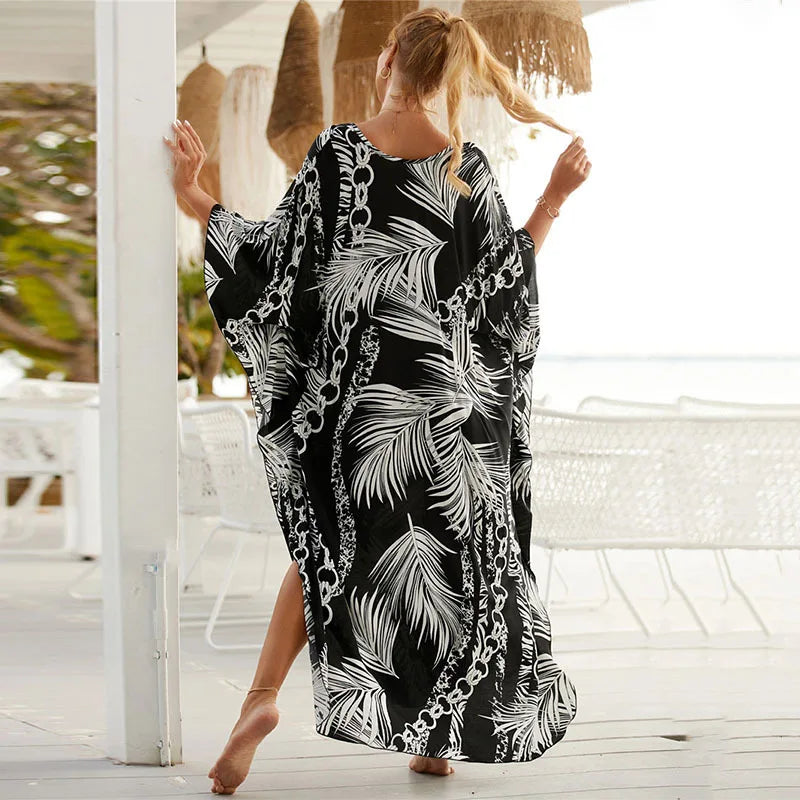 Women's Plus Size Animal Print V-Neck Batwing Kaftan Beach Dress Bathing Suit Cover-Up Loungewear