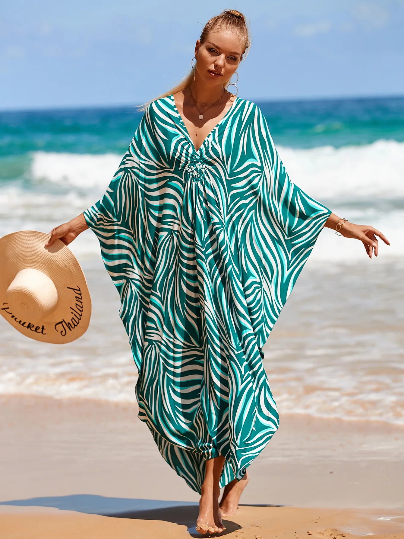 Women's Plus Size Animal Print V-Neck Batwing Kaftan Beach Dress Bathing Suit Cover-Up Loungewear