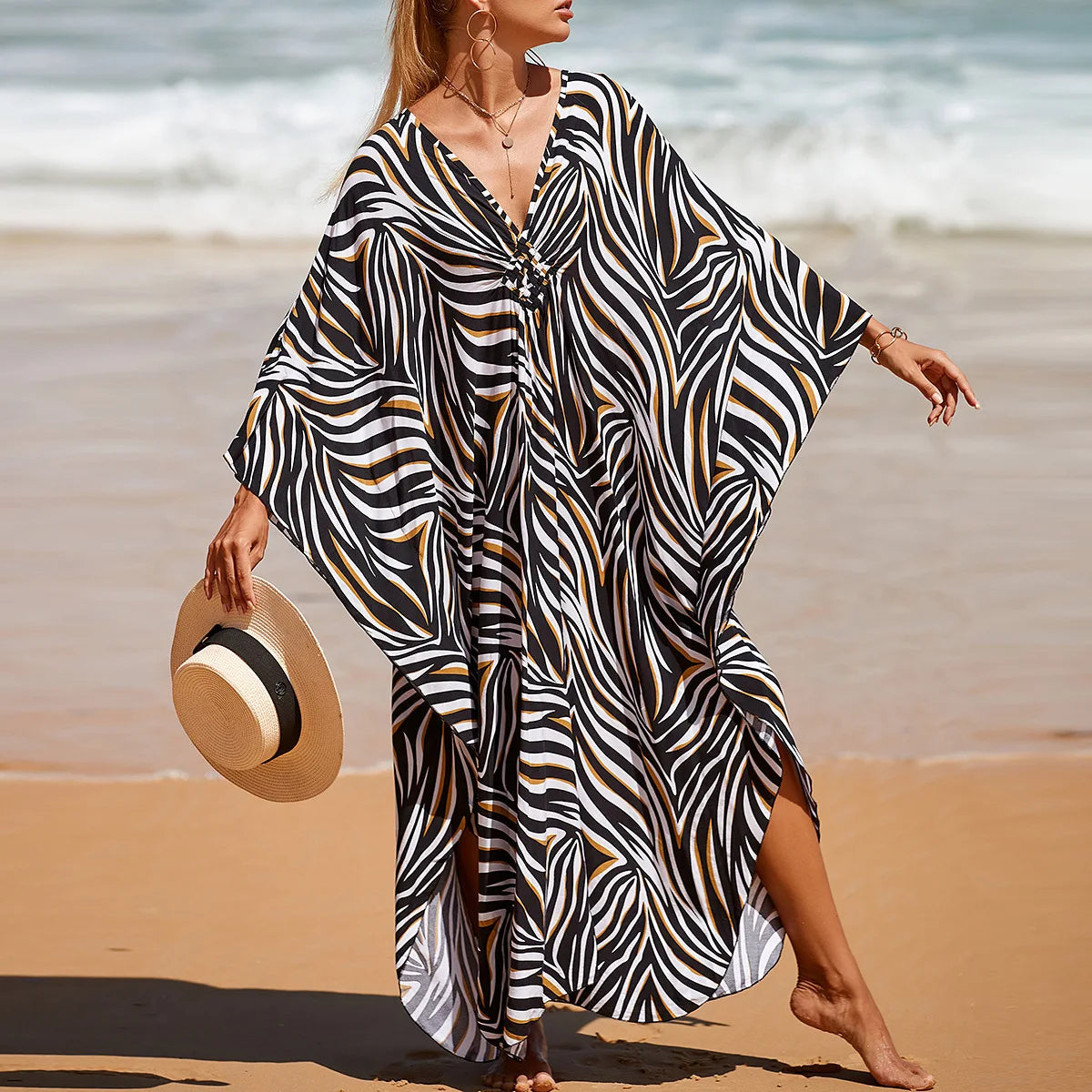 Women's Plus Size Animal Print V-Neck Batwing Kaftan Beach Dress Bathing Suit Cover-Up Loungewear