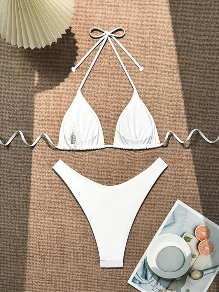 Women Thong Bikini Sexy Solid White/Black/Coffee Halter Swimsuit Lace Up Brazilian Bathing Suit 2025 New Double Fabric Beachwear