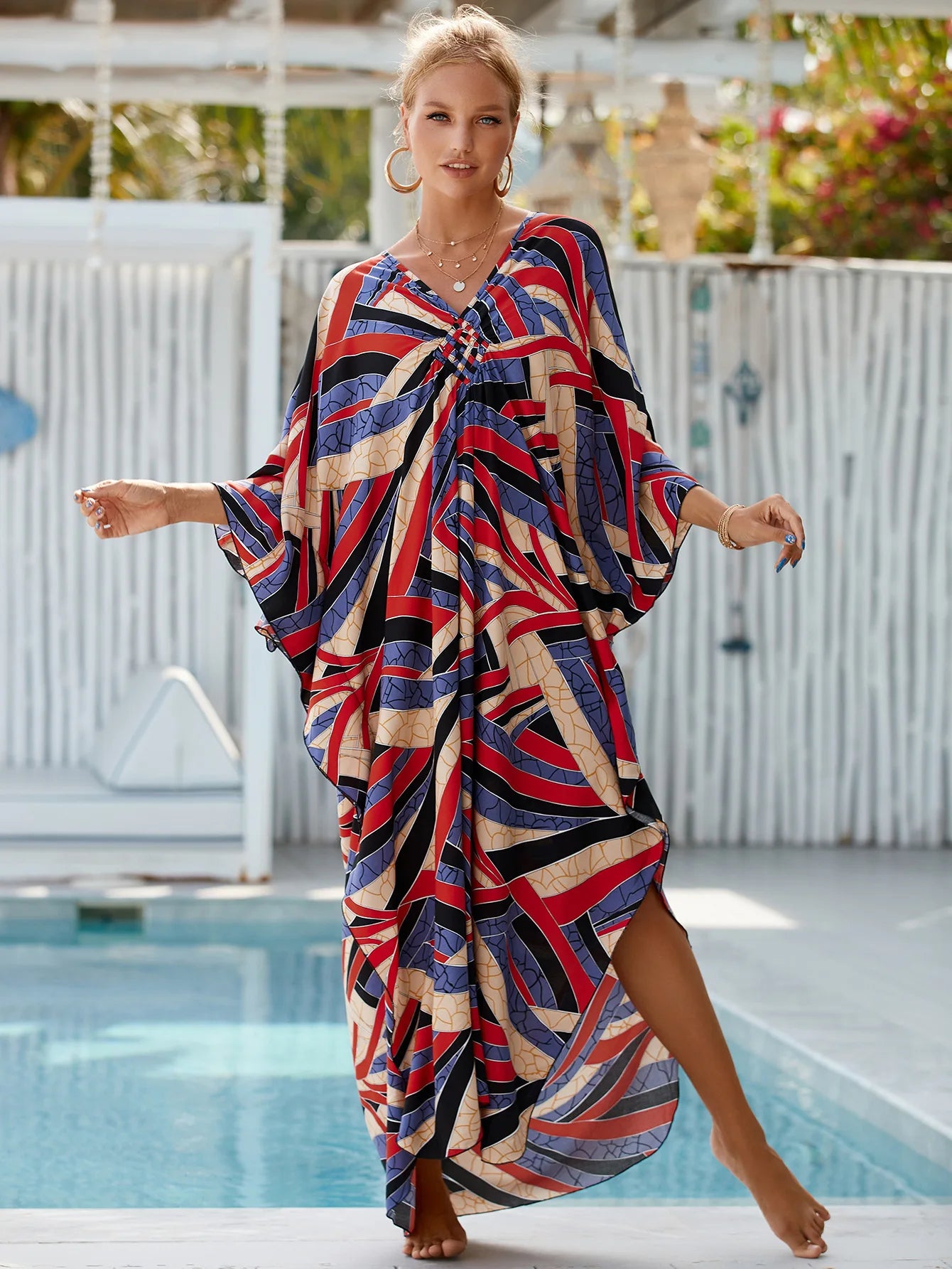 Women's Plus Size Animal Print V-Neck Batwing Kaftan Beach Dress Bathing Suit Cover-Up Loungewear