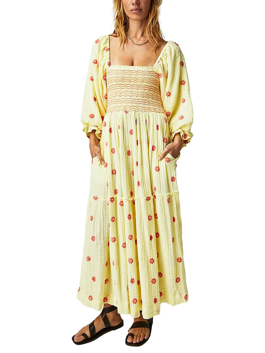 Women's Flower Embroidered Long Dress Bodycon Lantern Sleeve Square Neck Tiered Flowy Dress Bohemian Summer Beachwear Dresses