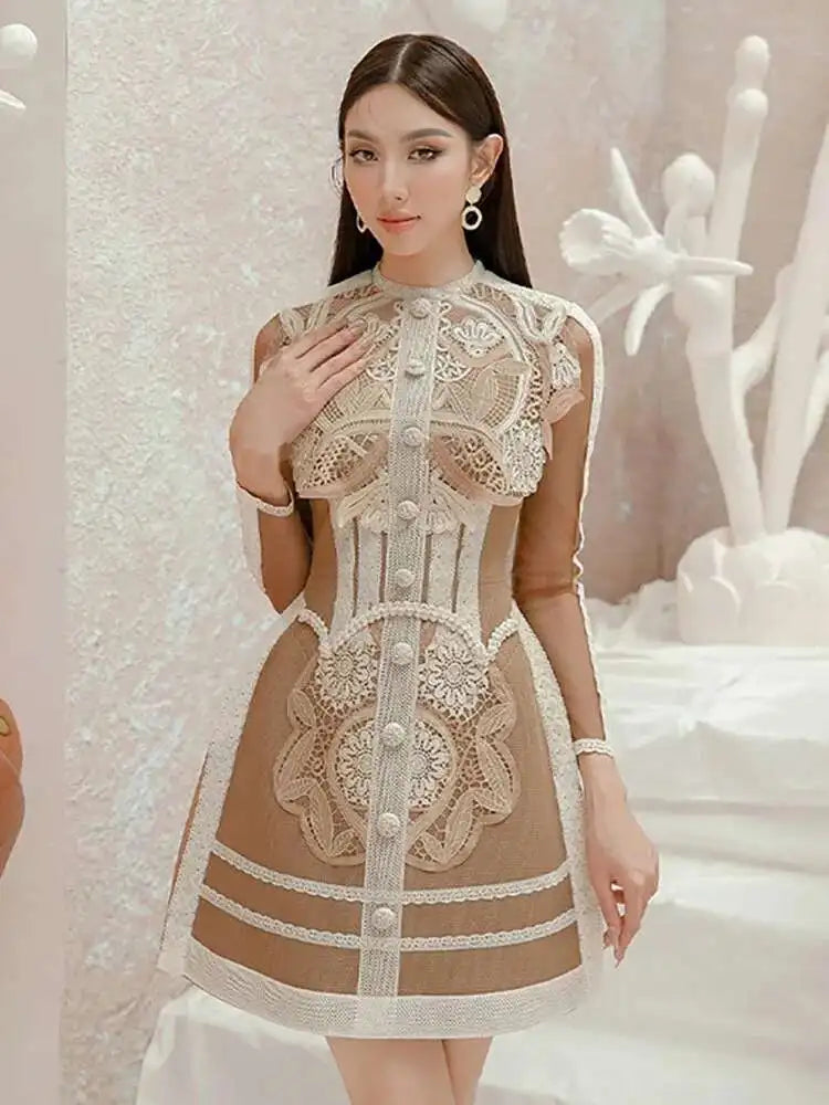 DEAT Women's O-neck Long Sleeve Single Breasted Dress Fashion Embroidery New Waist Patchwork Casual Dresses Autumn 2025 13DB3647