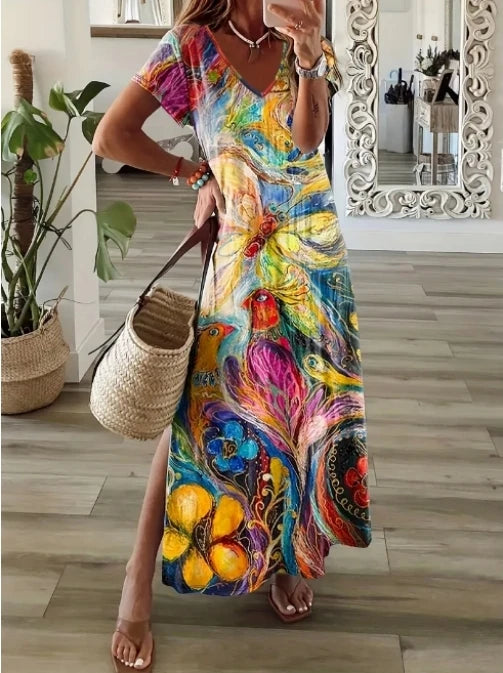 2024 New Summer Fashion V-neck Printed Dress Women's Solid Color Pocket Casual Minimalist Beach Long Dress