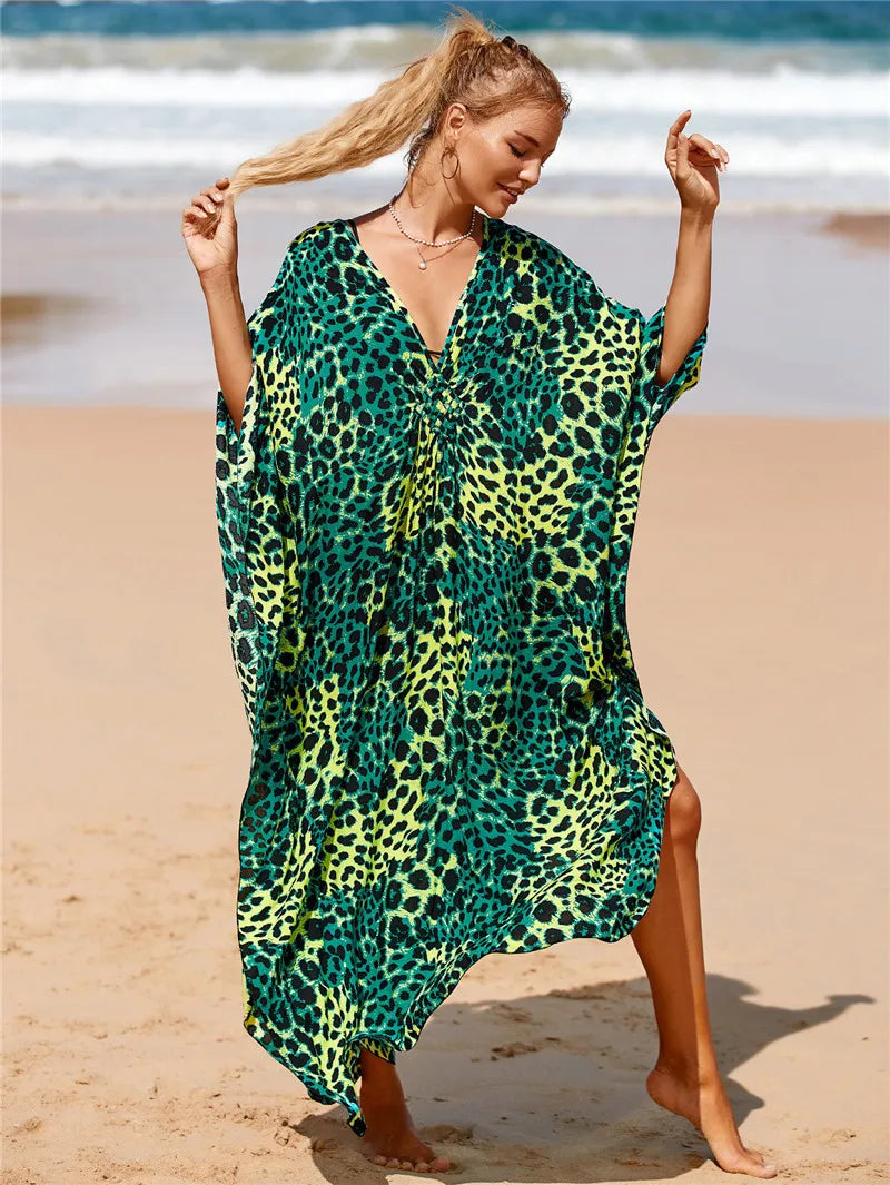 Women's Plus Size Animal Print V-Neck Batwing Kaftan Beach Dress Bathing Suit Cover-Up Loungewear