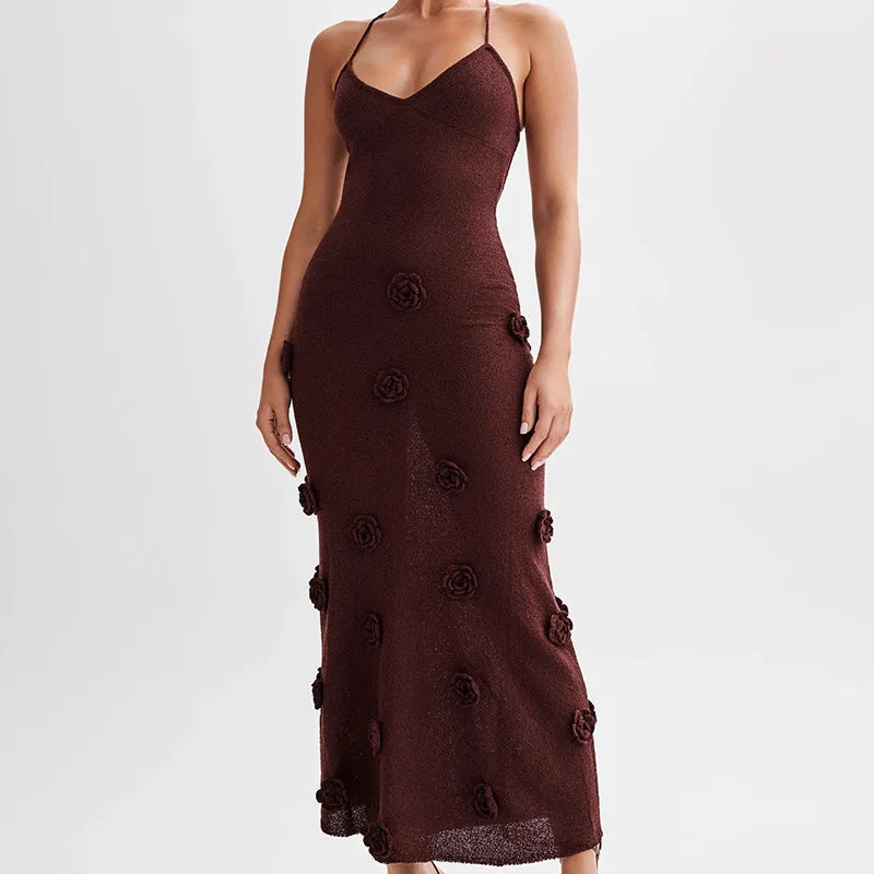 3D Flower Knitted Sling Long Dress Women Sexy Deep V-neck Backless Sleeveless Lace Up Femme Robes 2024 Summer Beach Dresses