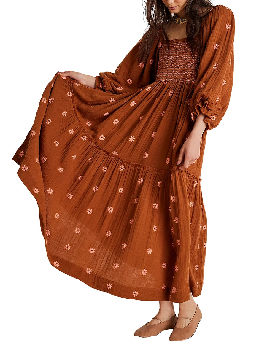 Women's Flower Embroidered Long Dress Bodycon Lantern Sleeve Square Neck Tiered Flowy Dress Bohemian Summer Beachwear Dresses